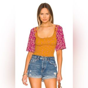 FREE PEOPLE Marigold Top - Size Small-Golden Floral Smocked Boho Crop Blouse-NWT
